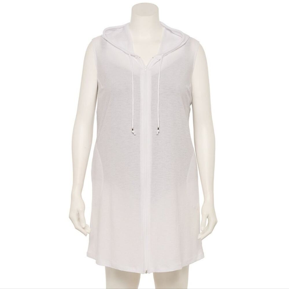 Plus Size 1X Portocruz White Sleeveless Hoodie Swim Cover-Up